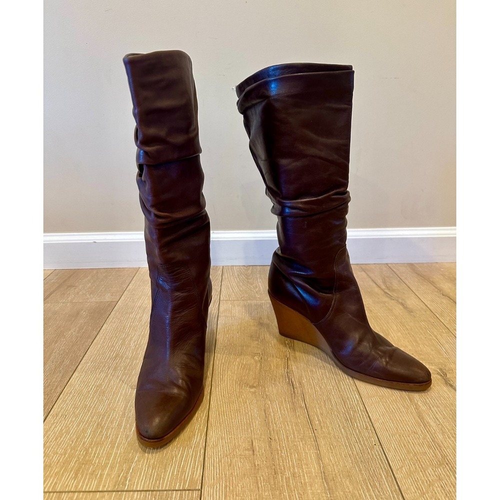 Vintage Salvatore Ferragamo Tall Brown Leather Slouchy Wedge Boots Size 9B Italy